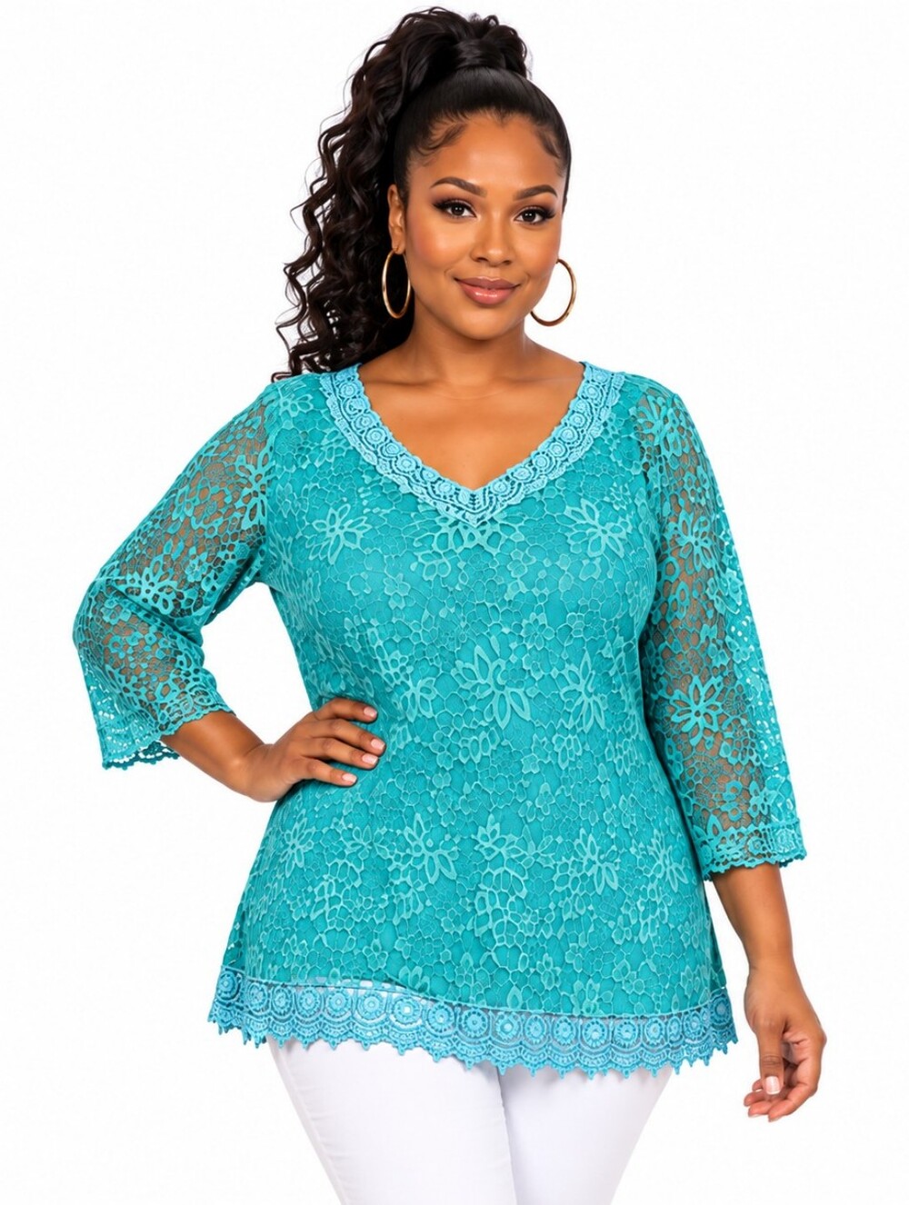 Women’s XL Turquoise Floral Lace Stretch Top 3/4 Sleeve NWT